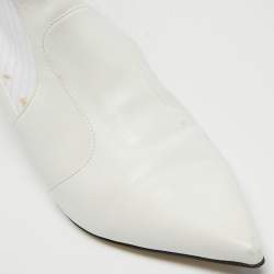Pre Owned Fendi White Leather and Knit Fabric Kitten Heel Sock Boots Size 38