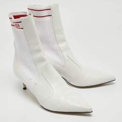 Pre Owned Fendi White Leather and Knit Fabric Kitten Heel Sock Boots Size 38