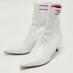 Pre Owned Fendi White Leather and Knit Fabric Kitten Heel Sock Boots Size 38