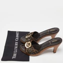 Pre Owned Fendi Brown Zucca Canvas and Leather Platform Open Toe Slide Sandals Size 38