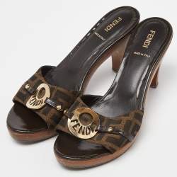 Pre Owned Fendi Brown Zucca Canvas and Leather Platform Open Toe Slide Sandals Size 38