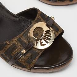 Pre Owned Fendi Brown Zucca Canvas and Leather Platform Open Toe Slide Sandals Size 38