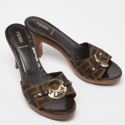 Pre Owned Fendi Brown Zucca Canvas and Leather Platform Open Toe Slide Sandals Size 38