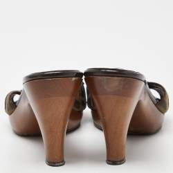 Pre Owned Fendi Brown Zucca Canvas and Leather Platform Open Toe Slide Sandals Size 38