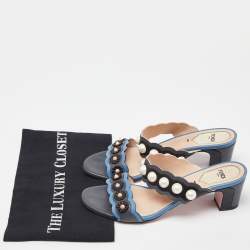 Pre Owned Fendi Grey/Blue Leather Faux Pearl Embellished Slide Sandals Size 38.5