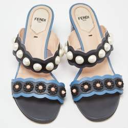 Pre Owned Fendi Grey/Blue Leather Faux Pearl Embellished Slide Sandals Size 38.5