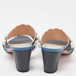 Pre Owned Fendi Grey/Blue Leather Faux Pearl Embellished Slide Sandals Size 38.5