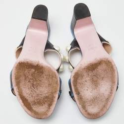 Pre Owned Fendi Grey/Blue Leather Faux Pearl Embellished Slide Sandals Size 38.5