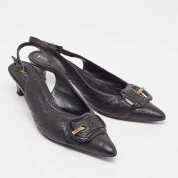 Fendi Black Leather Buckle Detail Slingback Pumps Size 39.5