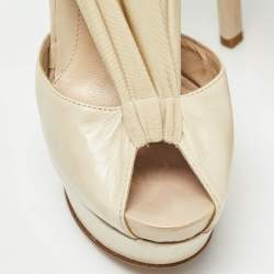 Pre Owned Fendi Cream Leather and Stretch Fabric Peep Toe Platform Pumps Size 38