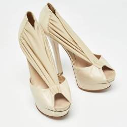 Pre Owned Fendi Cream Leather and Stretch Fabric Peep Toe Platform Pumps Size 38
