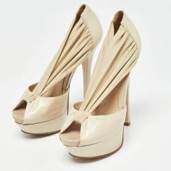 Pre Owned Fendi Cream Leather and Stretch Fabric Peep Toe Platform Pumps Size 38