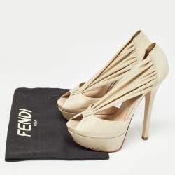 Pre Owned Fendi Cream Leather and Stretch Fabric Peep Toe Platform Pumps Size 38