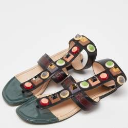 Fendi Multicolor Leather Studded Ankle Cuff Flat Sandals Size 37