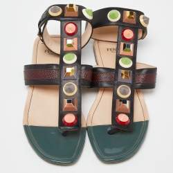 Fendi Multicolor Leather Studded Ankle Cuff Flat Sandals Size 37
