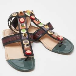 Fendi Multicolor Leather Studded Ankle Cuff Flat Sandals Size 37