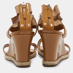 Fendi Brown Patent Elastic Wedge Sandals Size 39