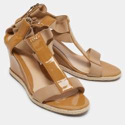 Fendi Brown Patent Elastic Wedge Sandals Size 39