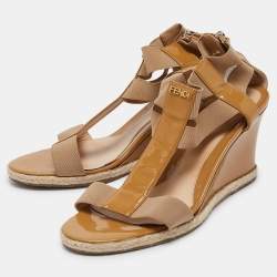 Fendi Brown Patent Elastic Wedge Sandals Size 39