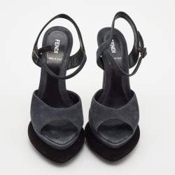 Fendi Navy Blue Suede Platform Ankle Strap Sandals Size 38