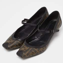 Pre Owned Fendi Black/Brown Coated Canvas and Leather Marry Jane Ballet Flats Size 39.5