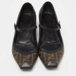 Pre Owned Fendi Black/Brown Coated Canvas and Leather Marry Jane Ballet Flats Size 39.5