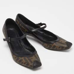 Pre Owned Fendi Black/Brown Coated Canvas and Leather Marry Jane Ballet Flats Size 39.5