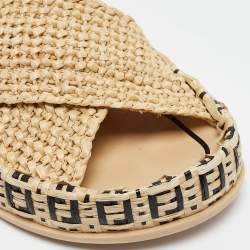 Pre Owned Fendi Beige Raffia Crisscross Flat Slides Size 36
