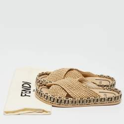 Pre Owned Fendi Beige Raffia Crisscross Flat Slides Size 36