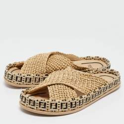 Pre Owned Fendi Beige Raffia Crisscross Flat Slides Size 36