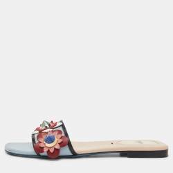 Fendi Blue Leather Flowerland Open Toe Flat Slides Size 36.5