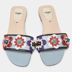 Fendi Blue Leather Flowerland Open Toe Flat Slides Size 36.5