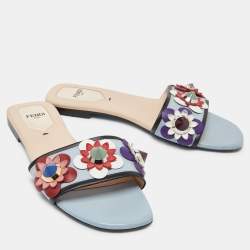 Fendi Blue Leather Flowerland Open Toe Flat Slides Size 36.5