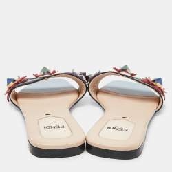 Fendi Blue Leather Flowerland Open Toe Flat Slides Size 36.5