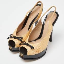 Fendi Yellow Beige/Black Woven Raffia and Patent Leather Fendista Bow Slingback Pumps Size 37