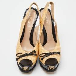 Fendi Yellow Beige/Black Woven Raffia and Patent Leather Fendista Bow Slingback Pumps Size 37