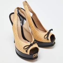 Fendi Yellow Beige/Black Woven Raffia and Patent Leather Fendista Bow Slingback Pumps Size 37