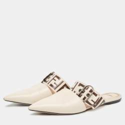 Pre Owned Fendi Cream Leather FF Embossed Flat Mules Size 39.5