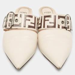 Pre Owned Fendi Cream Leather FF Embossed Flat Mules Size 39.5