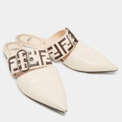 Pre Owned Fendi Cream Leather FF Embossed Flat Mules Size 39.5