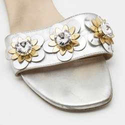 Fendi Silver Leather Flowerland Flat Slides Size 40.5