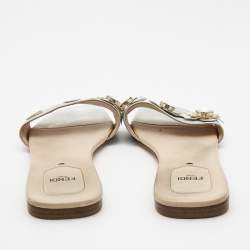 Fendi Silver Leather Flowerland Flat Slides Size 40.5