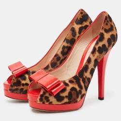Pre Owned Fendi Red/Brown Calf Hair and Leather Peep Toe Pumps Size 40