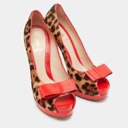Pre Owned Fendi Red/Brown Calf Hair and Leather Peep Toe Pumps Size 40