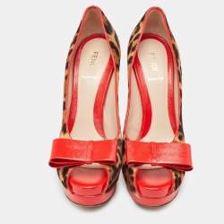 Pre Owned Fendi Red/Brown Calf Hair and Leather Peep Toe Pumps Size 40