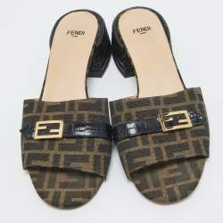 Fendi Brown Zucca Canvas Block Heel Slide Sandals Size 39.5
