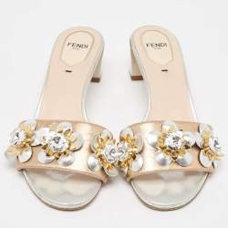 Pre Owned Fendi Metallic Leather Flowerland Slide Sandals Size 37