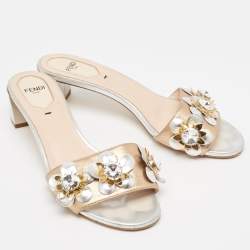 Pre Owned Fendi Metallic Leather Flowerland Slide Sandals Size 37