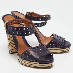 Fendi Navy Blue Perforated Leather Ankle Strap Platform Sandals Size 40