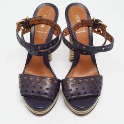 Fendi Navy Blue Perforated Leather Ankle Strap Platform Sandals Size 40